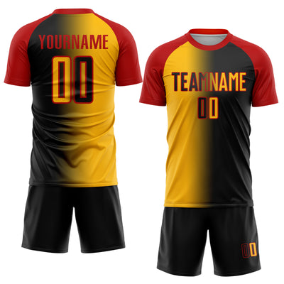 Custom Black Gold-Red Sublimation Gradient Fashion Soccer Uniform Jersey
