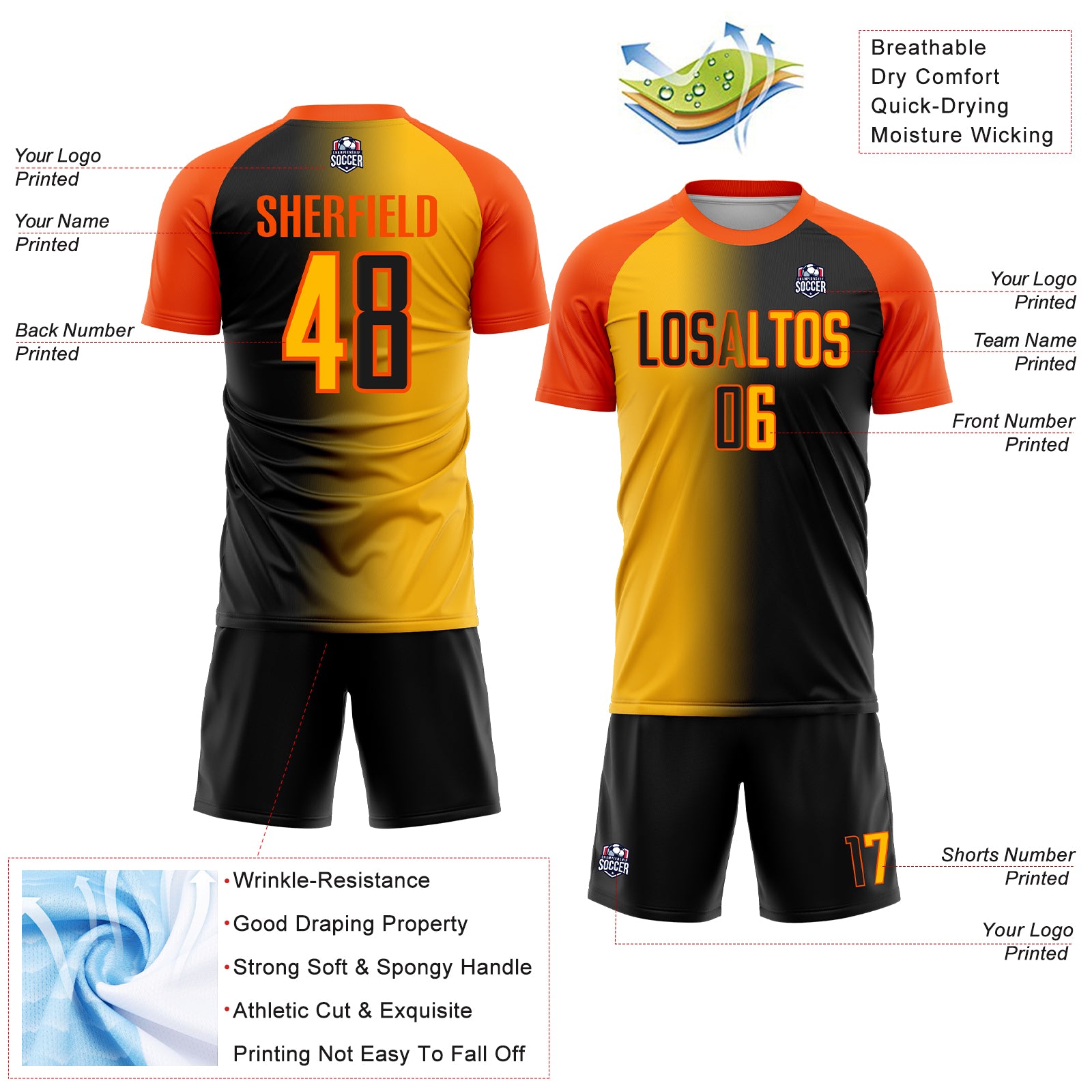 Custom Black Gold-Orange Sublimation Gradient Fashion Soccer Uniform Jersey