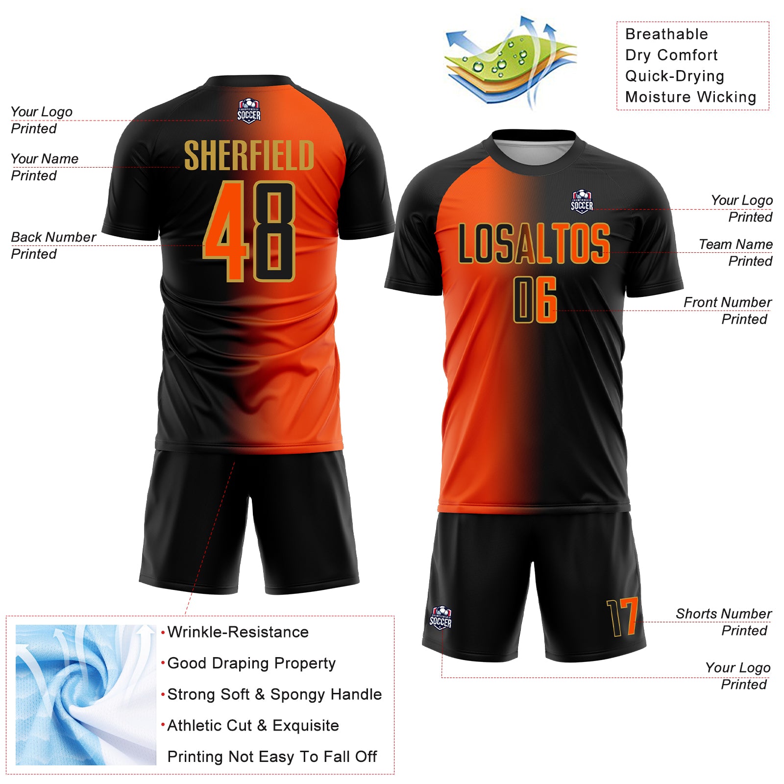 Custom Black Orange-Old Gold Sublimation Gradient Fashion Soccer Uniform Jersey