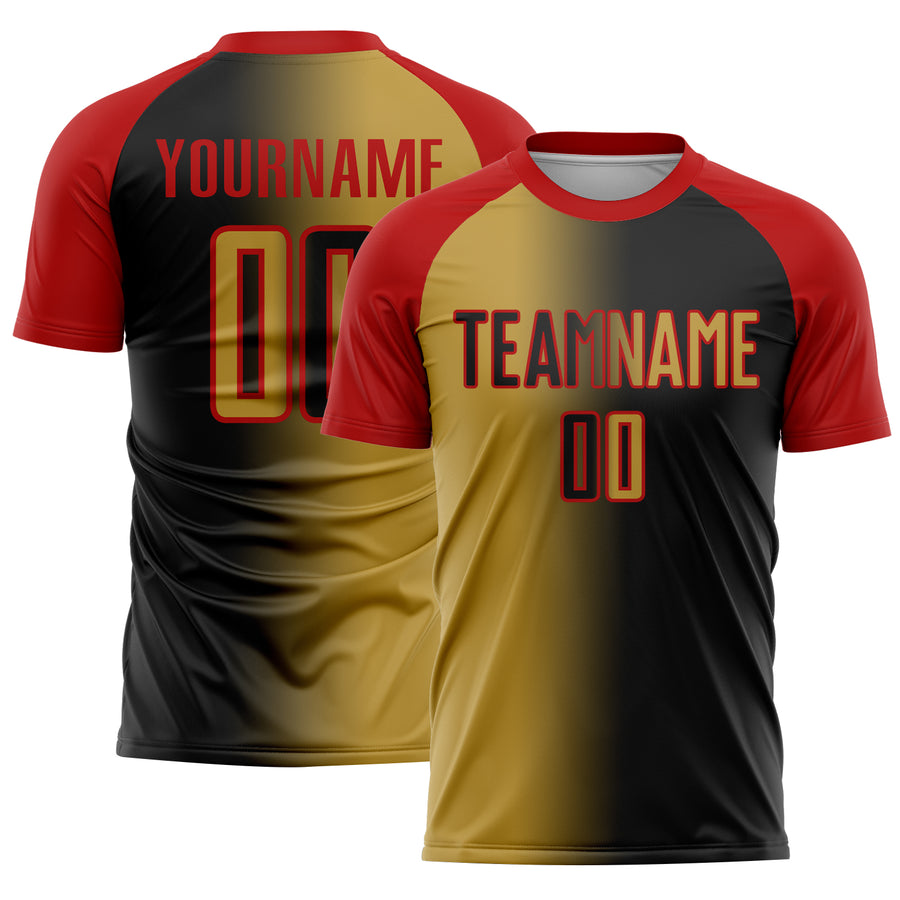 Custom Black Old Gold-Red Sublimation Gradient Fashion Soccer Uniform Jersey