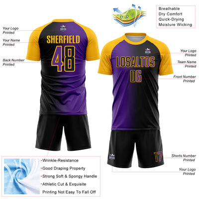 Custom Black Purple-Gold Sublimation Gradient Fashion Soccer Uniform Jersey
