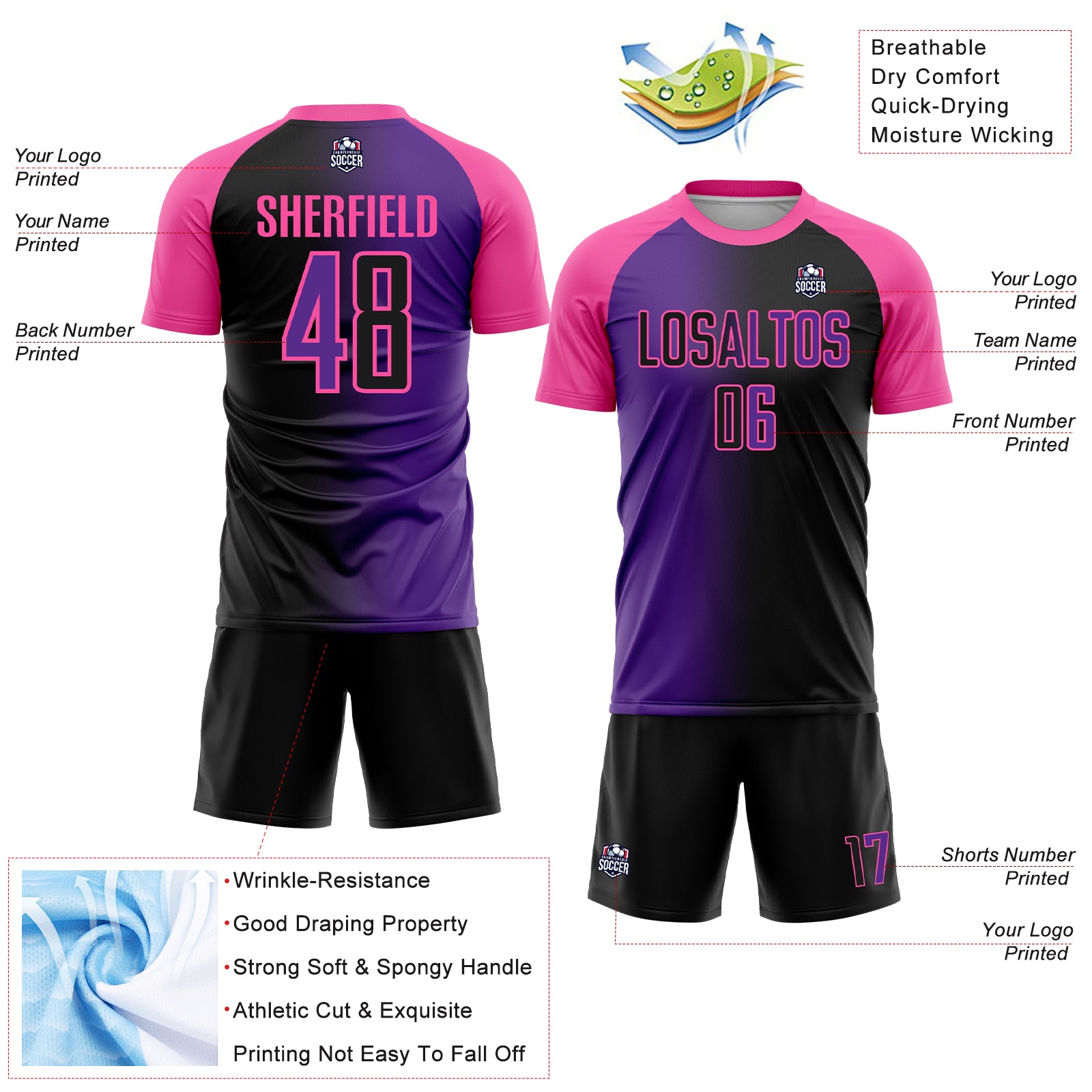 Custom Black Purple-Pink Sublimation Gradient Fashion Soccer Uniform Jersey