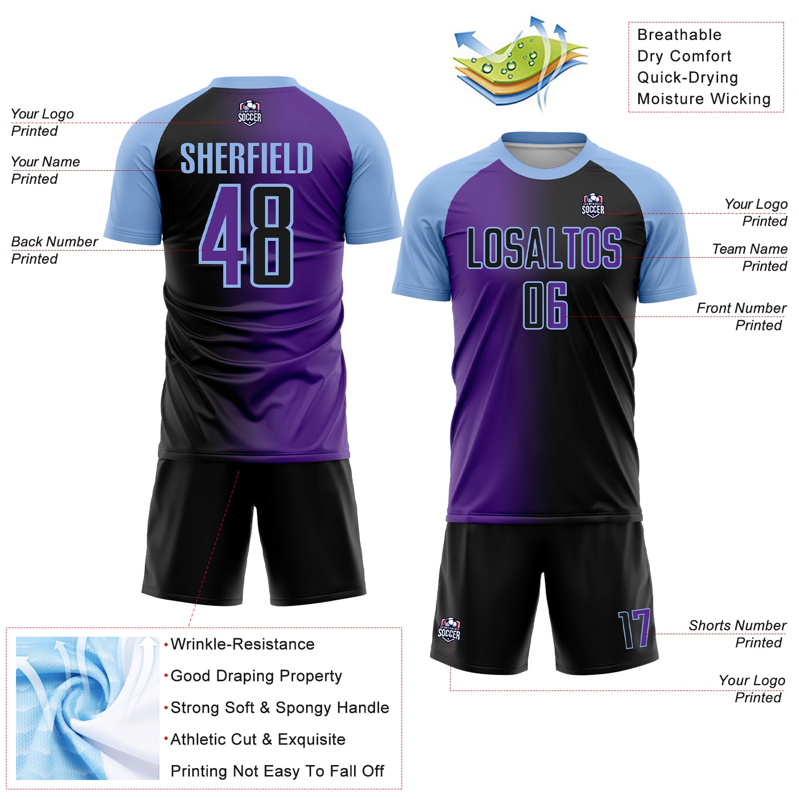 Custom Black Purple-Light Blue Sublimation Gradient Fashion Soccer Uniform Jersey