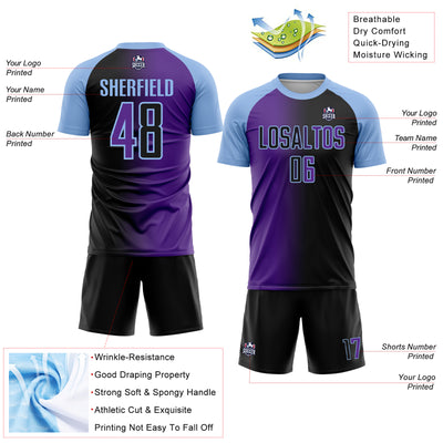 Custom Black Purple-Light Blue Sublimation Gradient Fashion Soccer Uniform Jersey