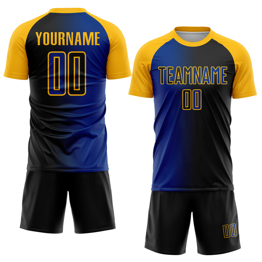 Custom Black Royal-Gold Sublimation Gradient Fashion Soccer Uniform Jersey
