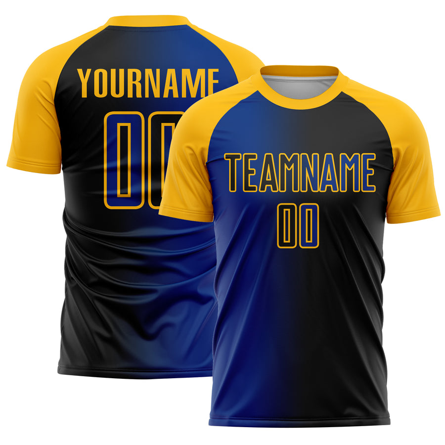 Custom Black Royal-Gold Sublimation Gradient Fashion Soccer Uniform Jersey