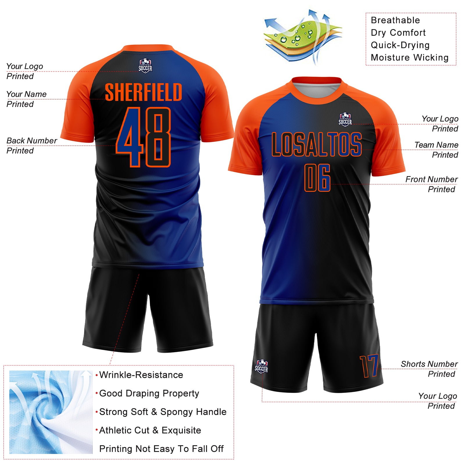 Custom Black Royal-Orange Sublimation Gradient Fashion Soccer Uniform Jersey