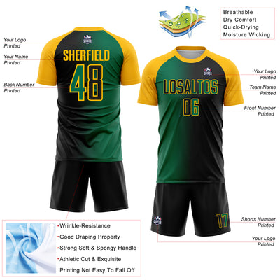 Custom Black Kelly Green-Gold Sublimation Gradient Fashion Soccer Uniform Jersey