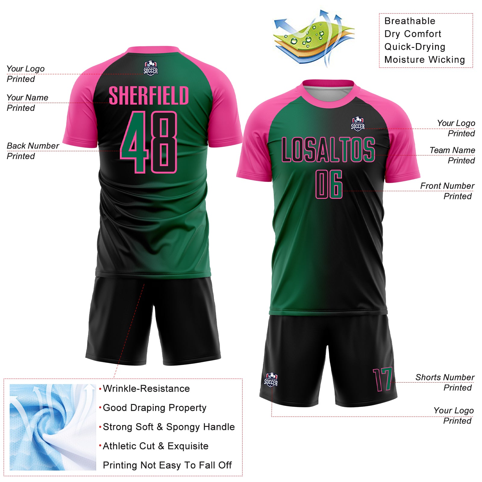 Custom Black Kelly Green-Pink Sublimation Gradient Fashion Soccer Uniform Jersey