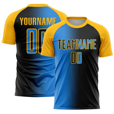 Custom Black Powder Blue-Gold Sublimation Gradient Fashion Soccer Uniform Jersey