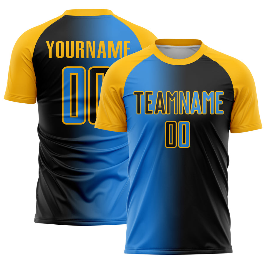 Custom Black Powder Blue-Gold Sublimation Gradient Fashion Soccer Uniform Jersey