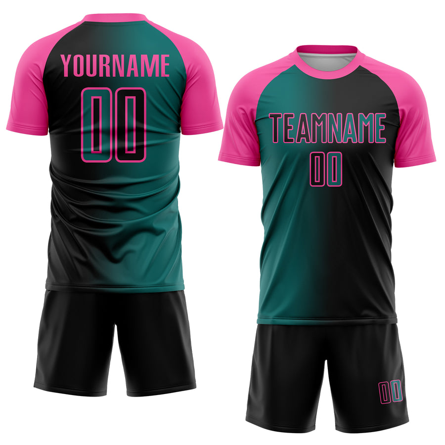 Custom Black Teal-Pink Sublimation Gradient Fashion Soccer Uniform Jersey