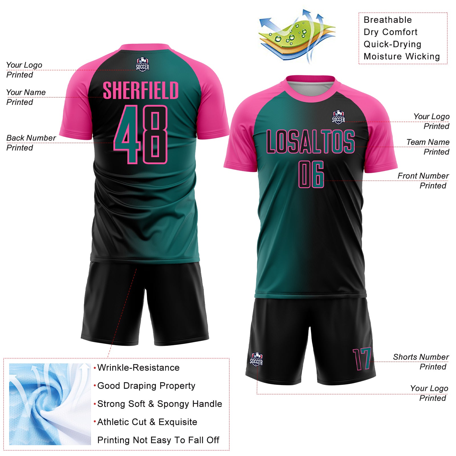 Custom Black Teal-Pink Sublimation Gradient Fashion Soccer Uniform Jersey