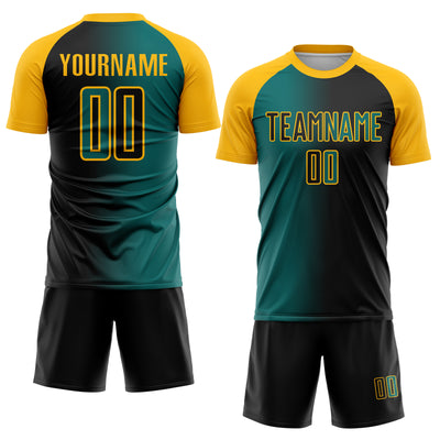 Custom Black Teal-Gold Sublimation Gradient Fashion Soccer Uniform Jersey