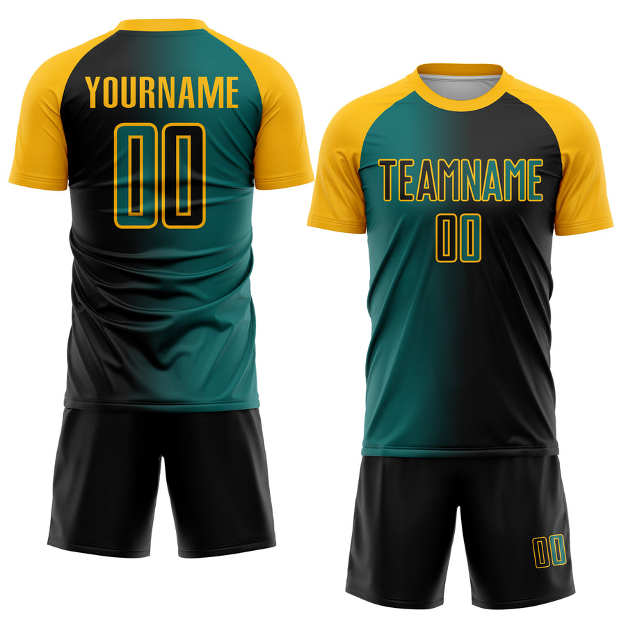 Custom Black Teal-Gold Sublimation Gradient Fashion Soccer Uniform Jersey