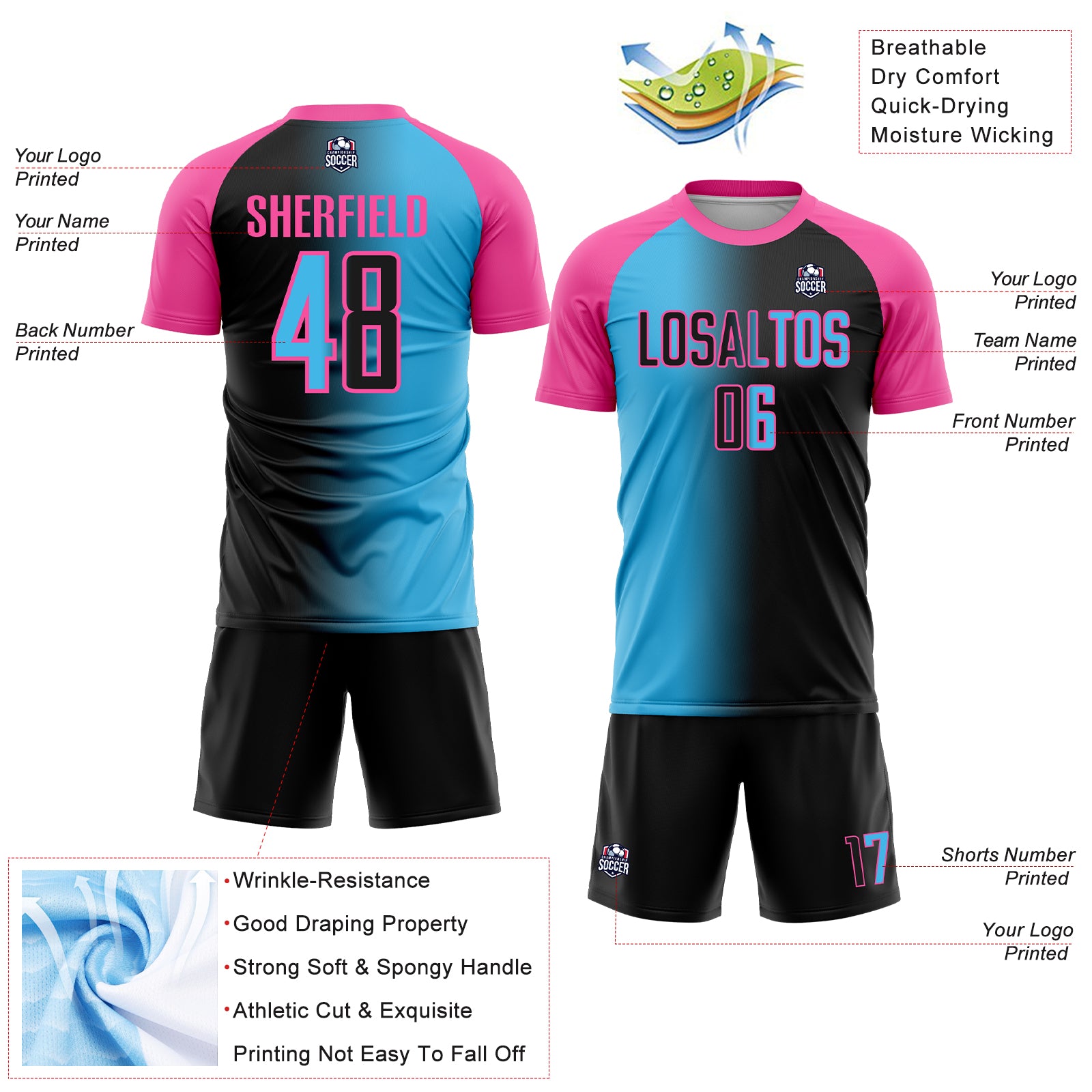 Custom Black Sky Blue-Pink Sublimation Gradient Fashion Soccer Uniform Jersey