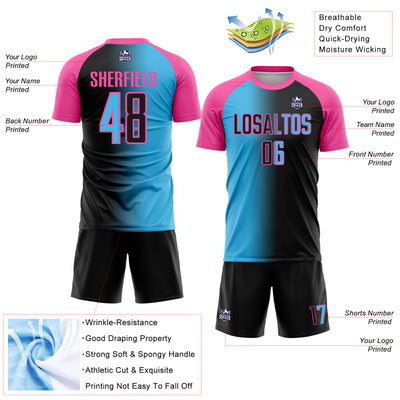 Custom Black Sky Blue-Pink Sublimation Gradient Fashion Soccer Uniform Jersey