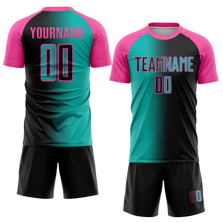 Custom Black Aqua-Pink Sublimation Gradient Fashion Soccer Uniform Jersey