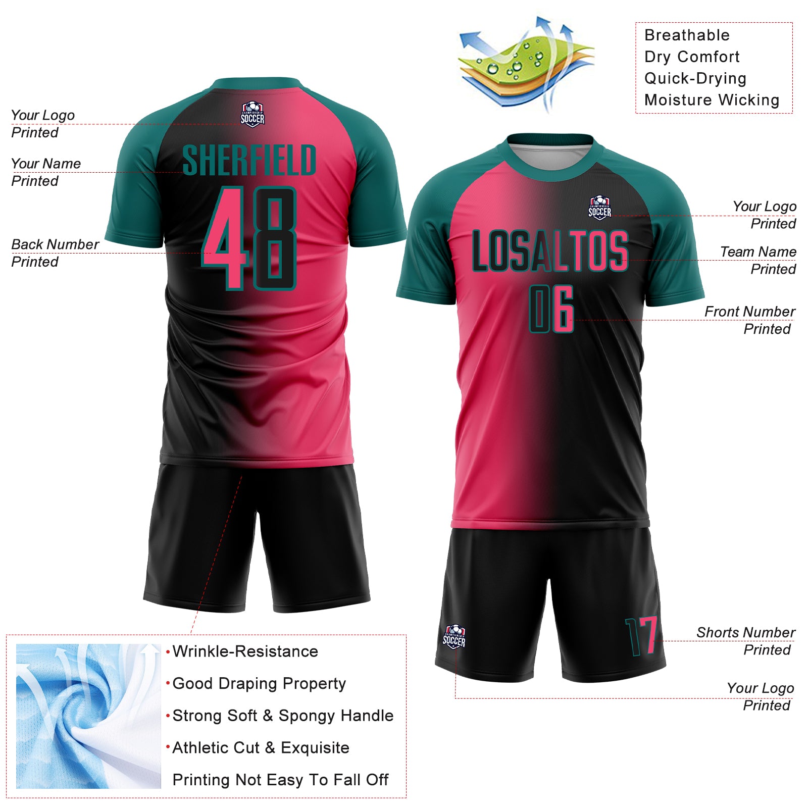 Custom Black Neon Pink-Teal Sublimation Gradient Fashion Soccer Uniform Jersey