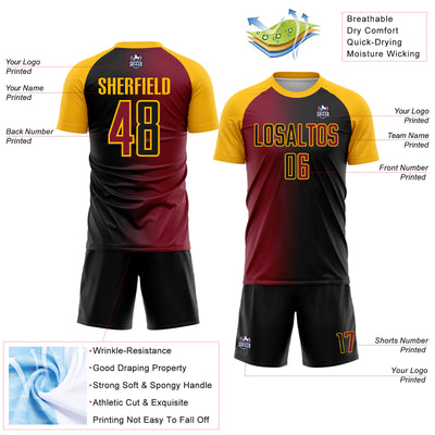 Custom Black Crimson-Gold Sublimation Gradient Fashion Soccer Uniform Jersey