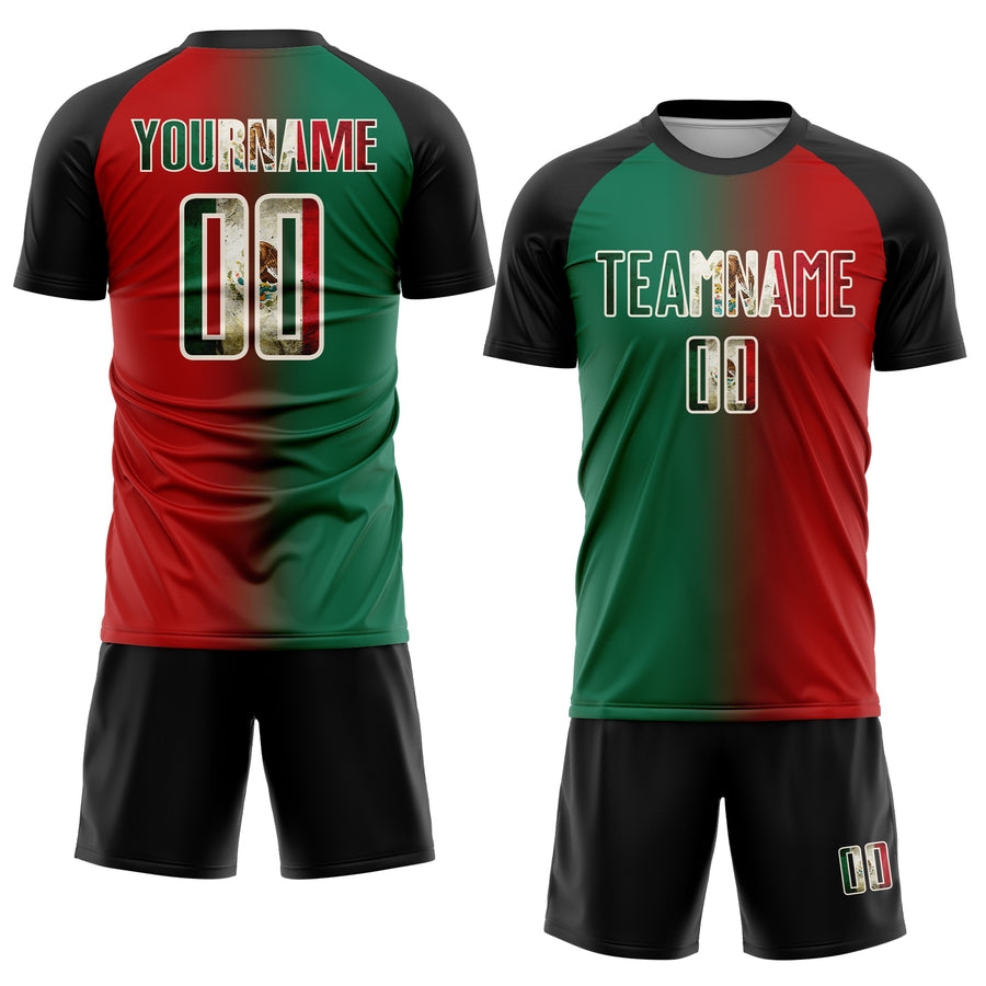 Custom Red Vintage Mexican Flag Kelly Green Black-Cream Sublimation Gradient Fashion Soccer Uniform Jersey