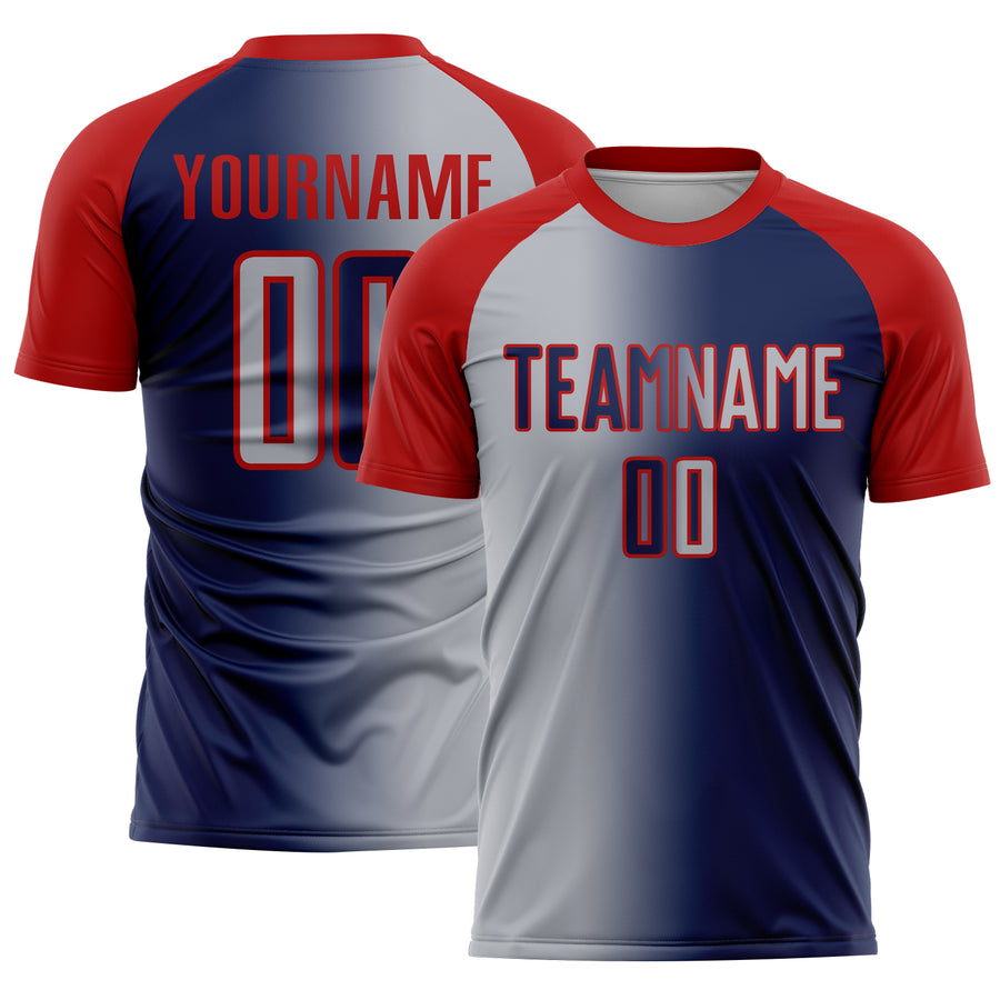 Custom Navy Gray-Red Sublimation Gradient Fashion Soccer Uniform Jersey