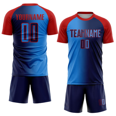 Custom Navy Powder Blue-Red Sublimation Gradient Fashion Soccer Uniform Jersey