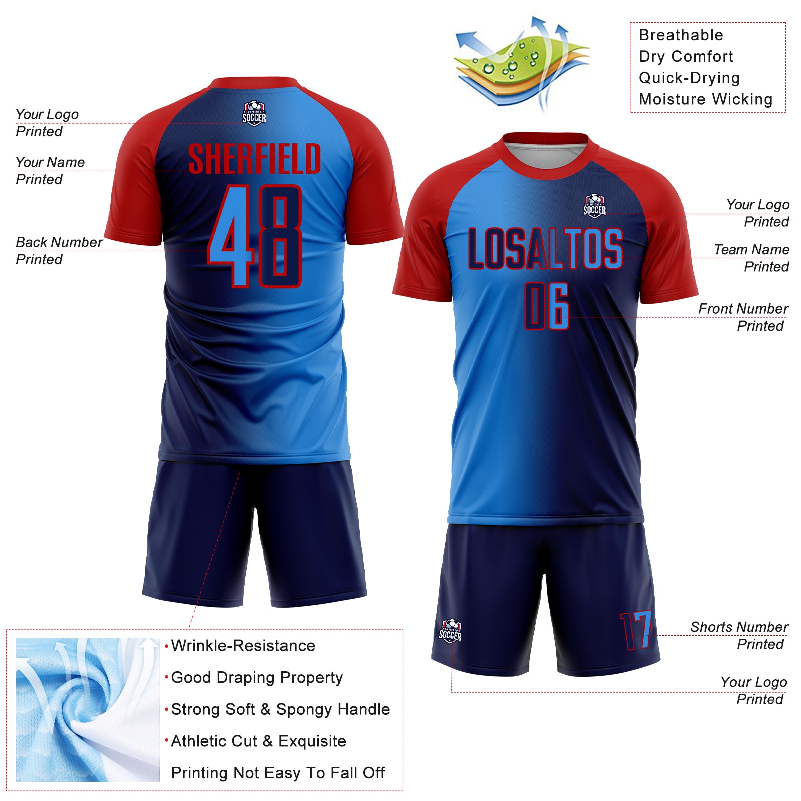 Custom Navy Powder Blue-Red Sublimation Gradient Fashion Soccer Uniform Jersey