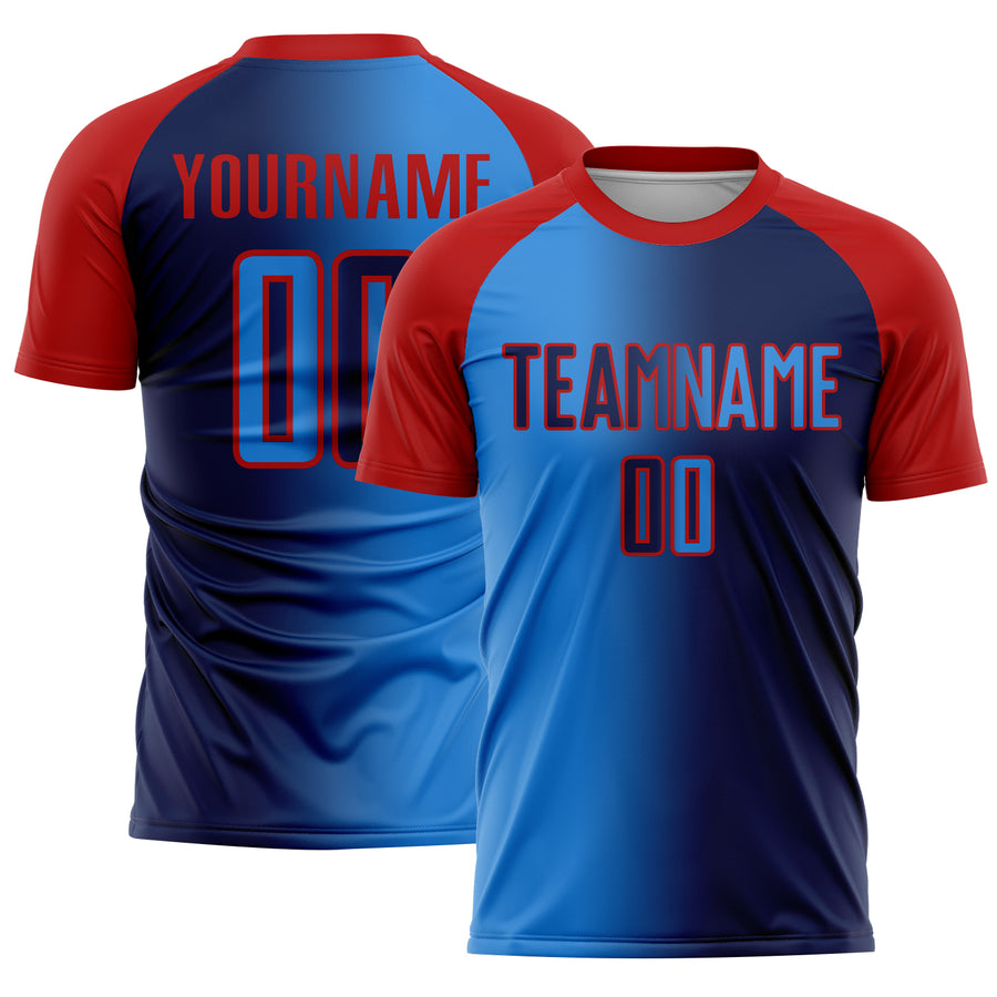 Custom Navy Powder Blue-Red Sublimation Gradient Fashion Soccer Uniform Jersey