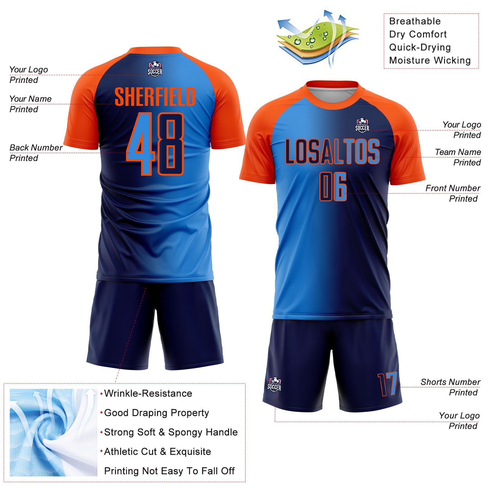 Custom Navy Powder Blue-Orange Sublimation Gradient Fashion Soccer Uniform Jersey