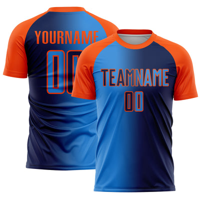Custom Navy Powder Blue-Orange Sublimation Gradient Fashion Soccer Uniform Jersey