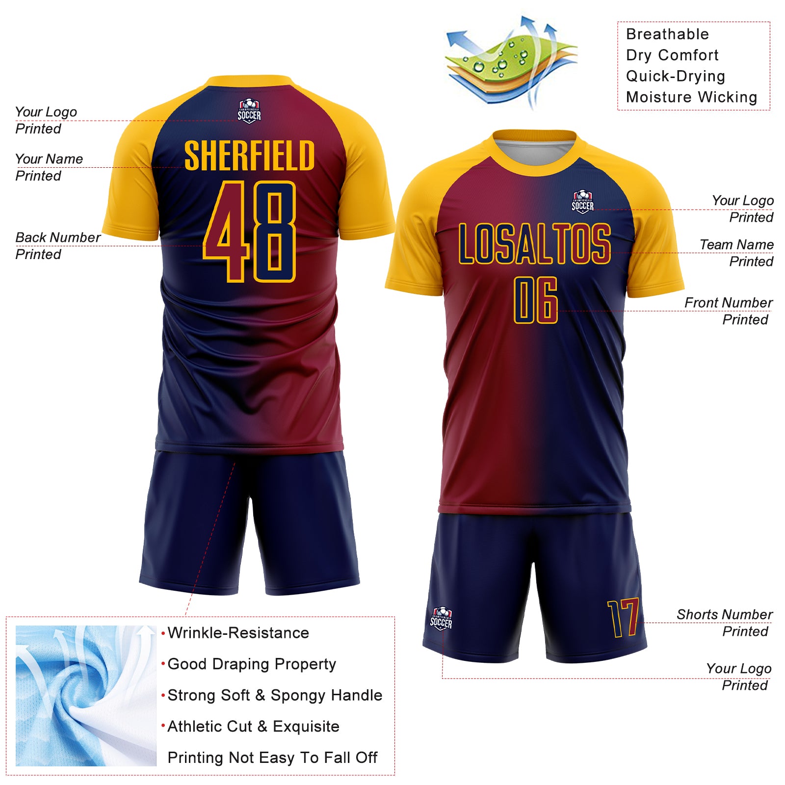 Custom Navy Maroon-Gold Sublimation Gradient Fashion Soccer Uniform Jersey