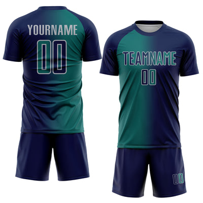 Custom Navy Teal-Gray Sublimation Gradient Fashion Soccer Uniform Jersey
