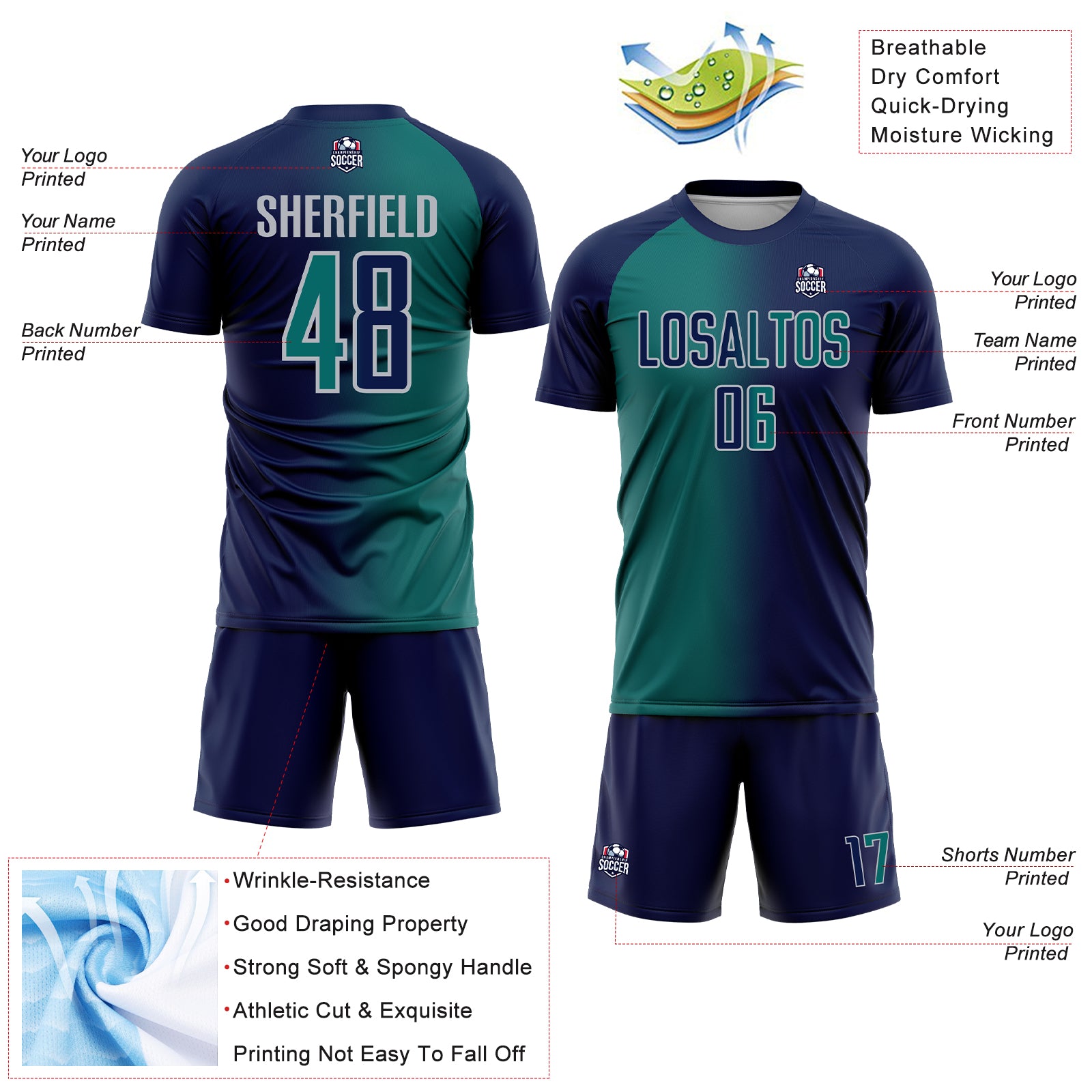 Custom Navy Teal-Gray Sublimation Gradient Fashion Soccer Uniform Jersey
