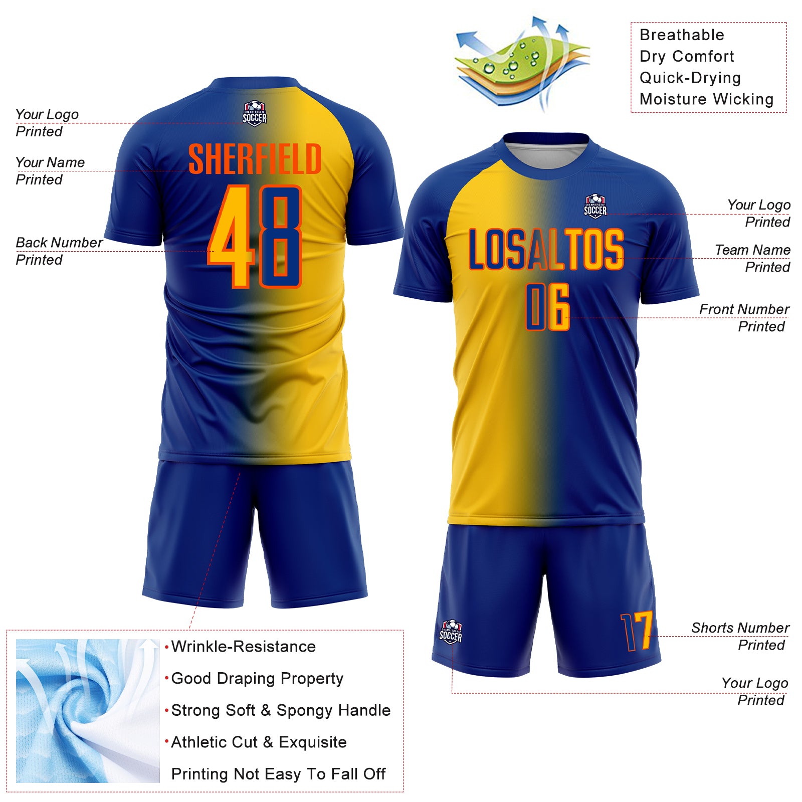 Custom Royal Yellow-Orange Sublimation Gradient Fashion Soccer Uniform Jersey