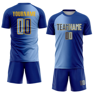 Custom Royal Light Blue-Gold Sublimation Gradient Fashion Soccer Uniform Jersey