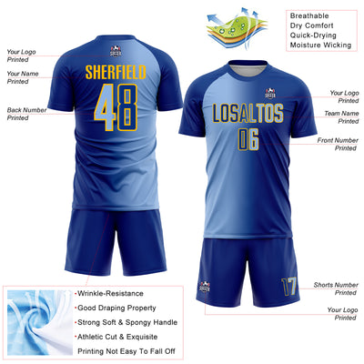 Custom Royal Light Blue-Gold Sublimation Gradient Fashion Soccer Uniform Jersey