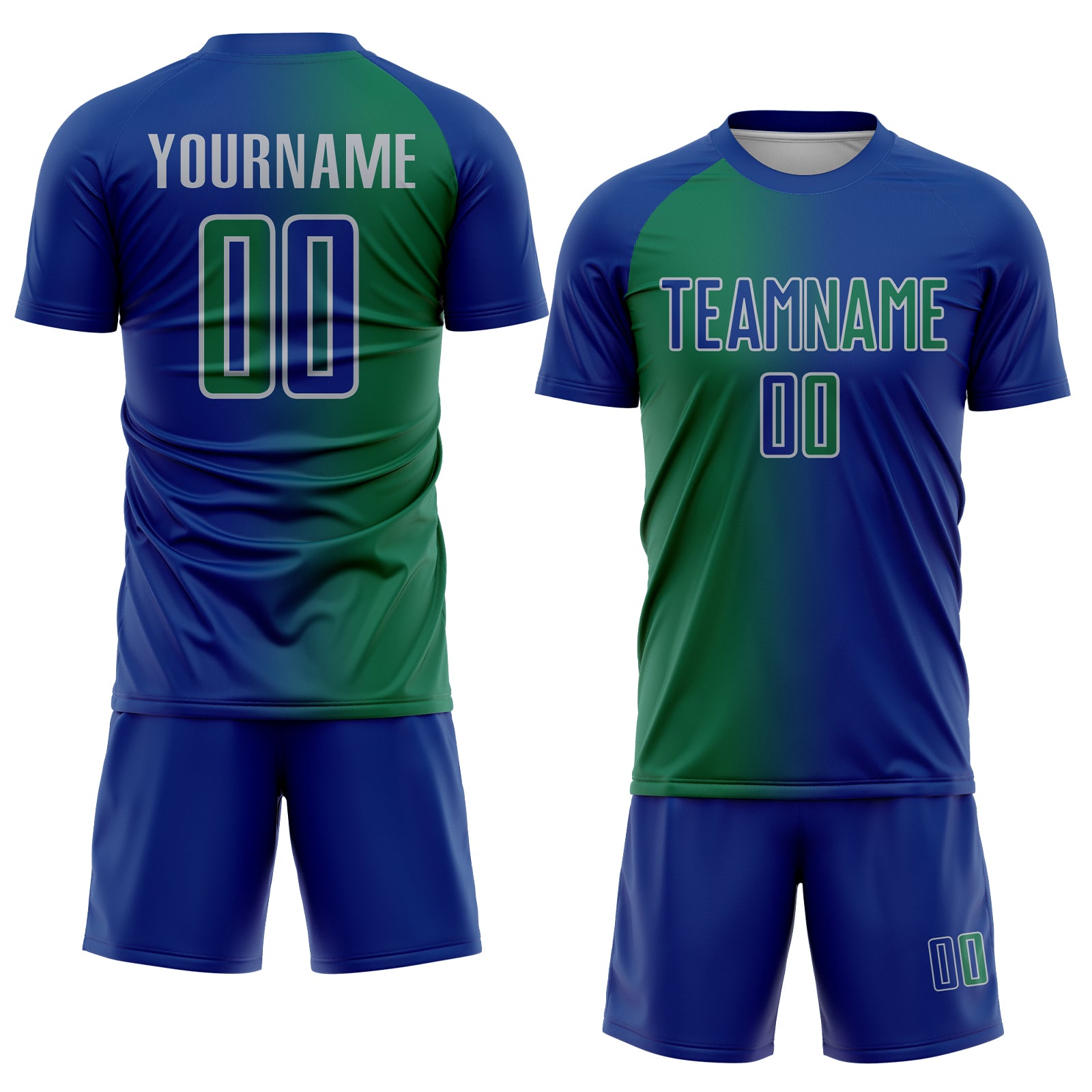 Custom Royal Kelly Green-Gray Sublimation Gradient Fashion Soccer Uniform Jersey
