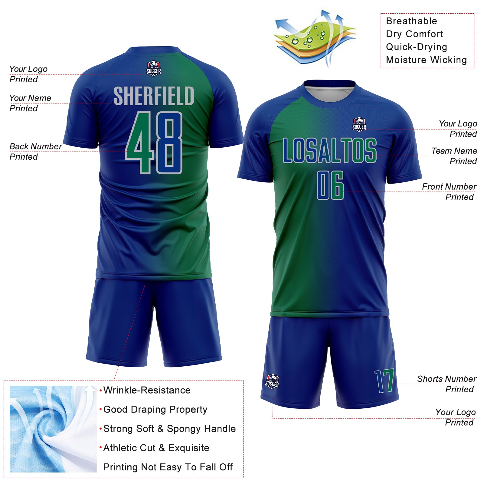 Custom Royal Kelly Green-Gray Sublimation Gradient Fashion Soccer Uniform Jersey