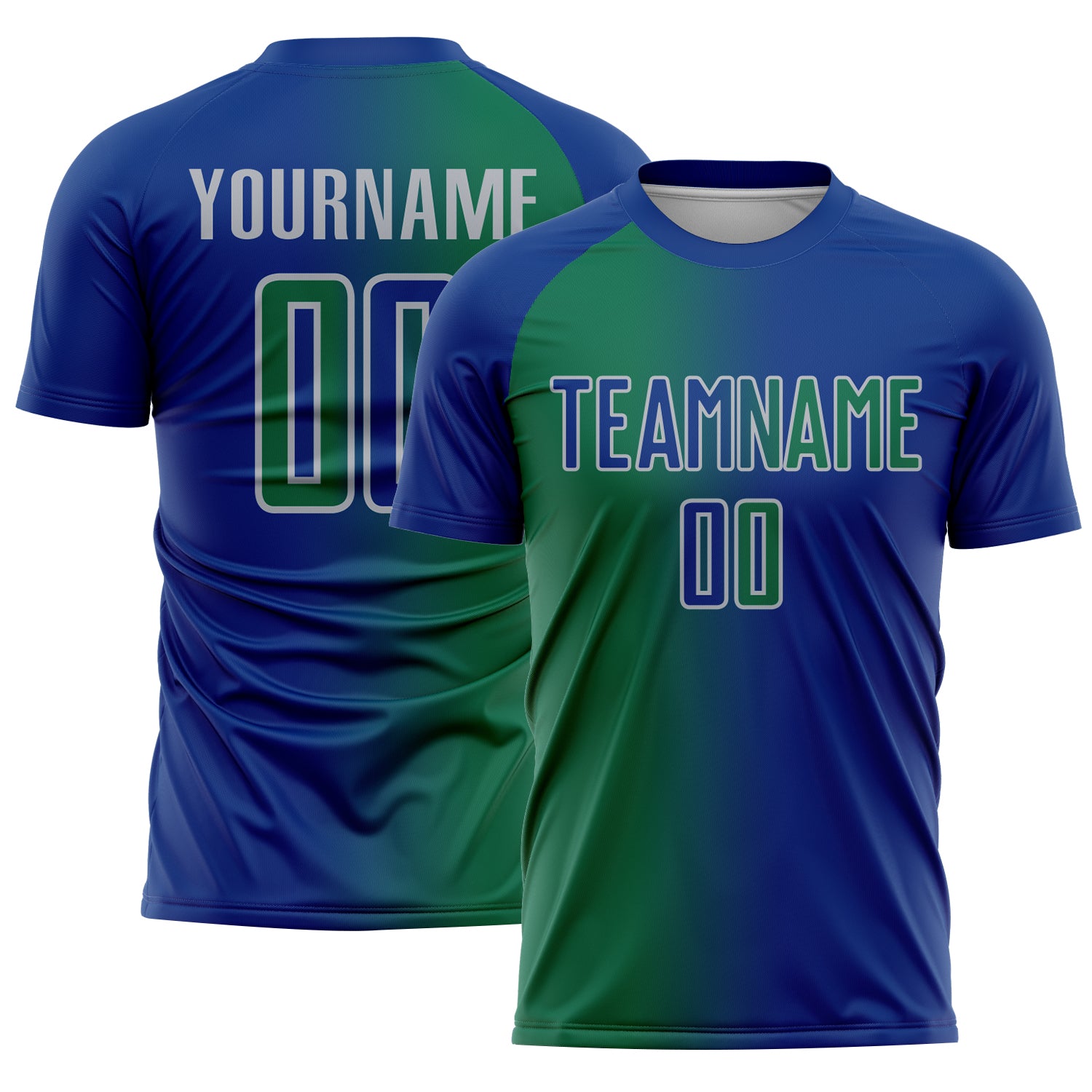 Custom Royal Kelly Green-Gray Sublimation Gradient Fashion Soccer Uniform Jersey