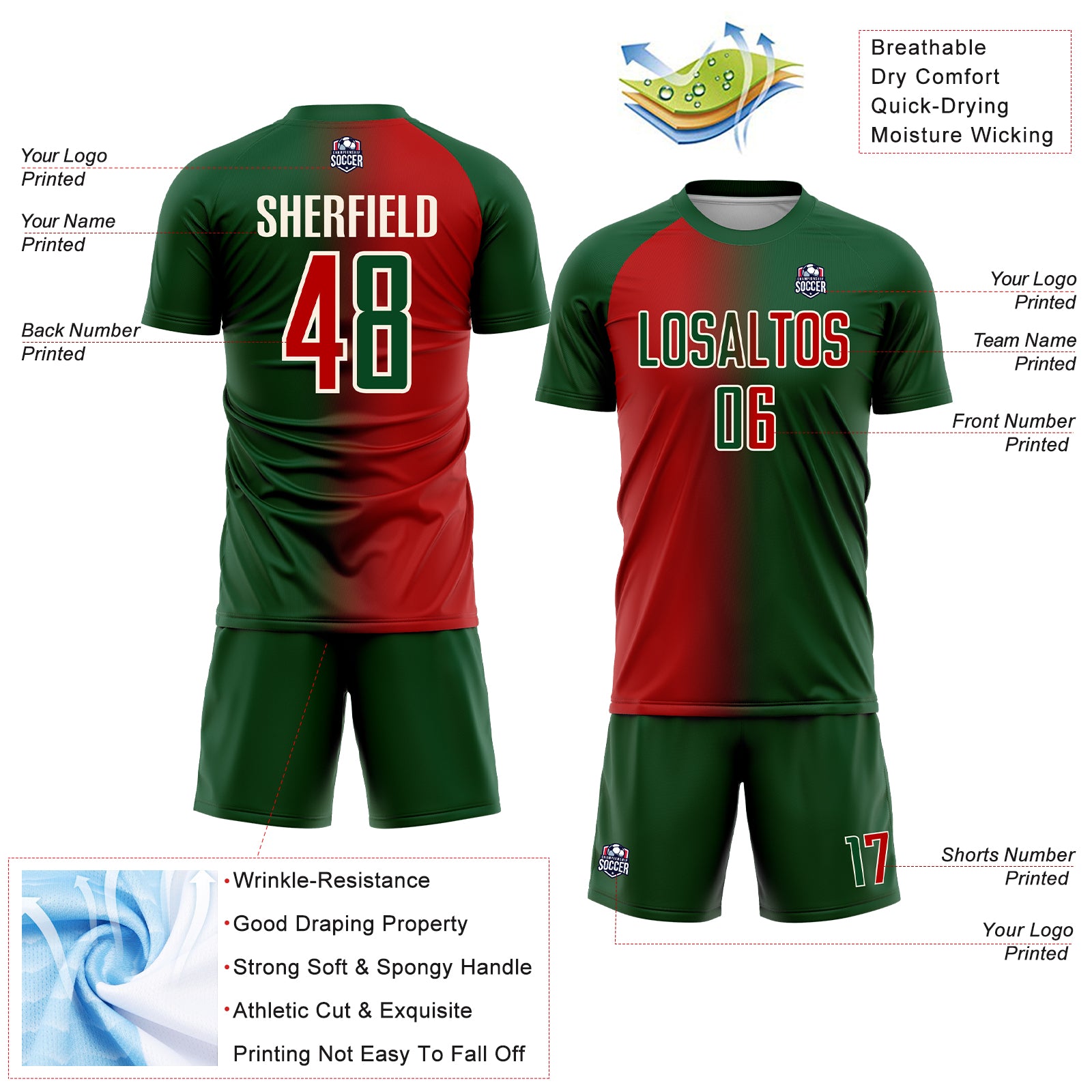 Custom Green Red-Cream Sublimation Gradient Fashion Soccer Uniform Jersey
