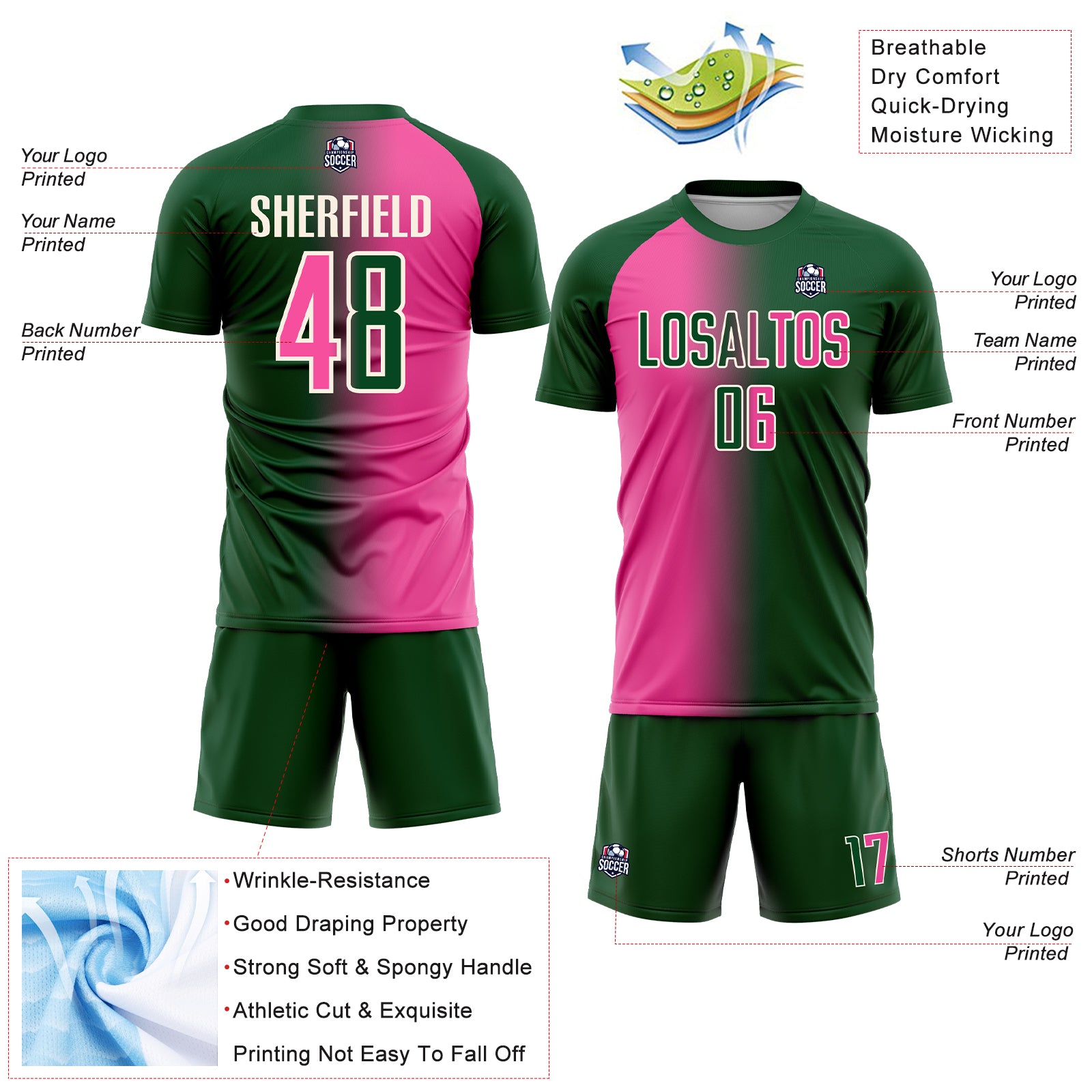 Custom Green Pink-Cream Sublimation Gradient Fashion Soccer Uniform Jersey