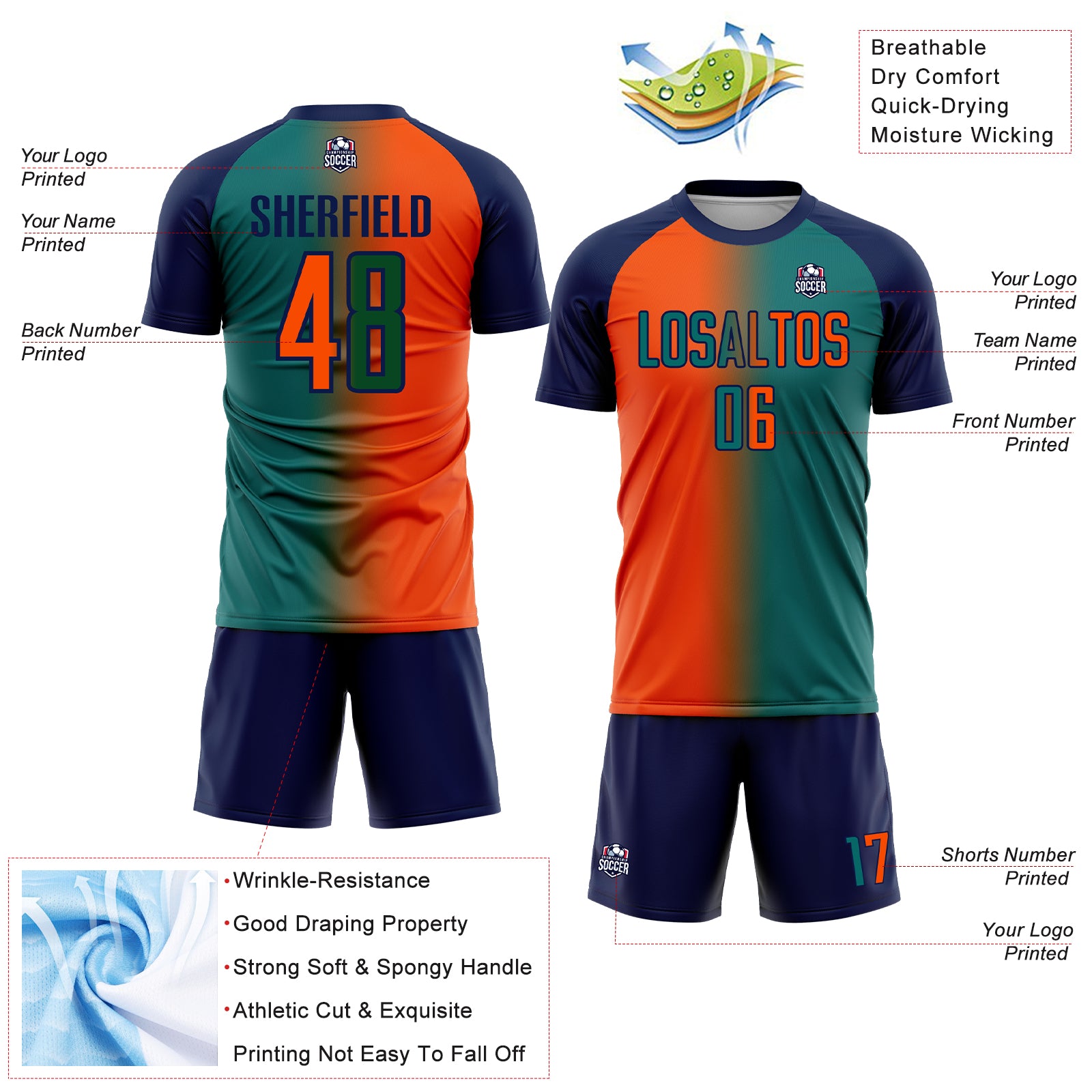 Custom Teal Orange-Navy Sublimation Gradient Fashion Soccer Uniform Jersey