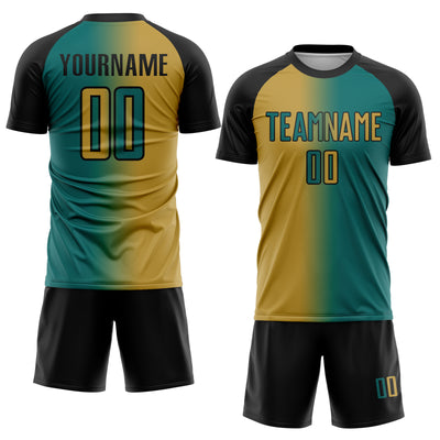 Custom Teal Old Gold-Black Sublimation Gradient Fashion Soccer Uniform Jersey