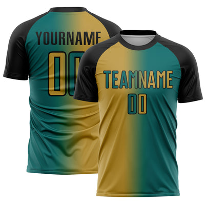 Custom Teal Old Gold-Black Sublimation Gradient Fashion Soccer Uniform Jersey