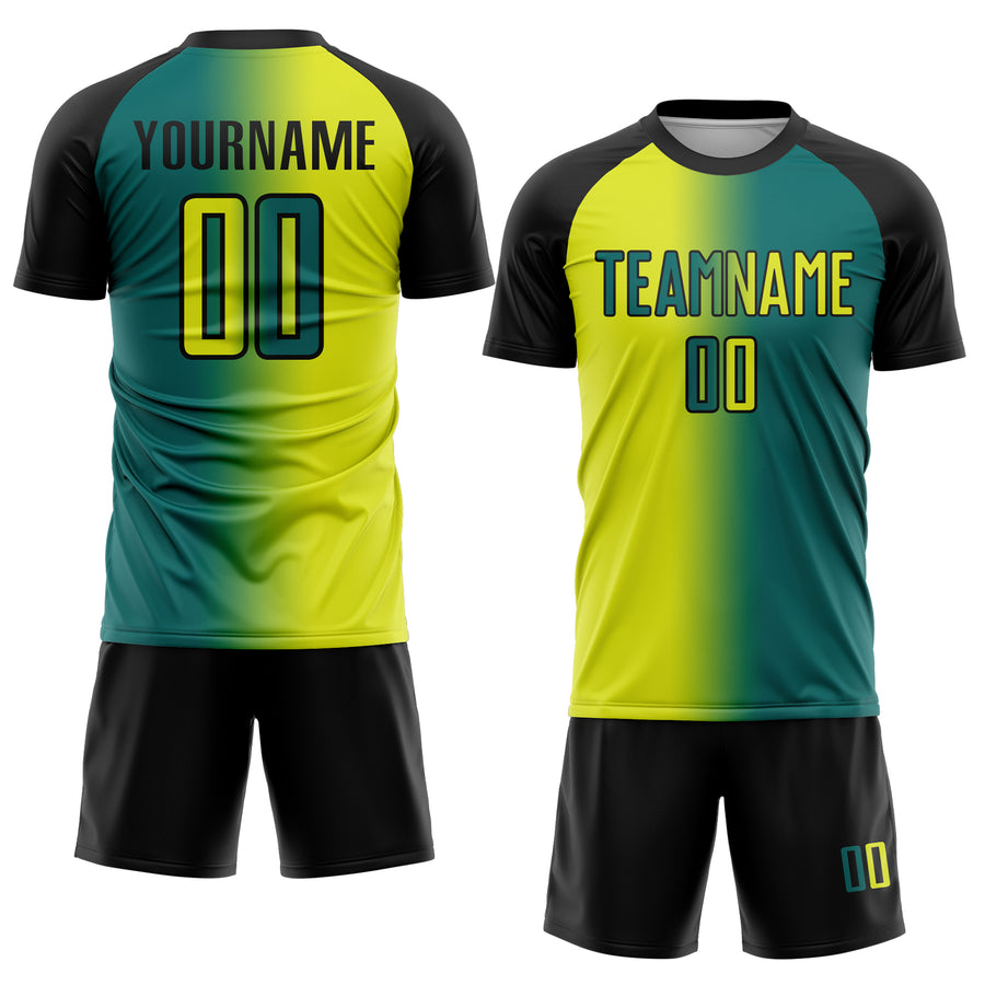 Custom Teal Neon Yellow-Black Sublimation Gradient Fashion Soccer Uniform Jersey