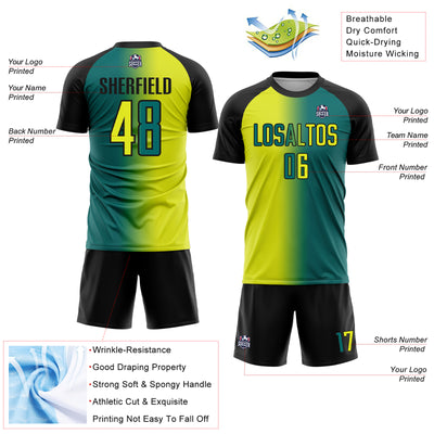 Custom Teal Neon Yellow-Black Sublimation Gradient Fashion Soccer Uniform Jersey