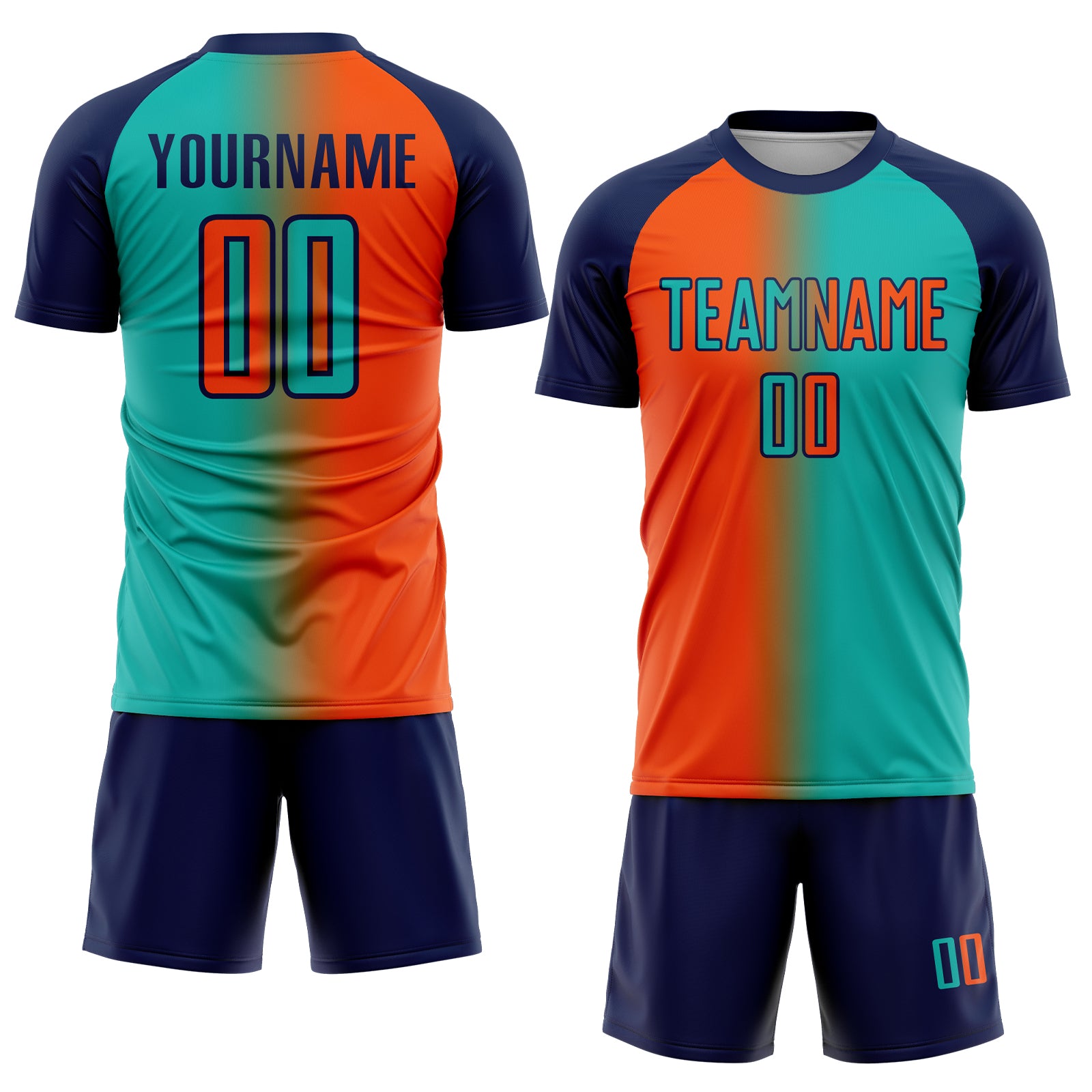 Custom Aqua Orange-Navy Sublimation Gradient Fashion Soccer Uniform Jersey