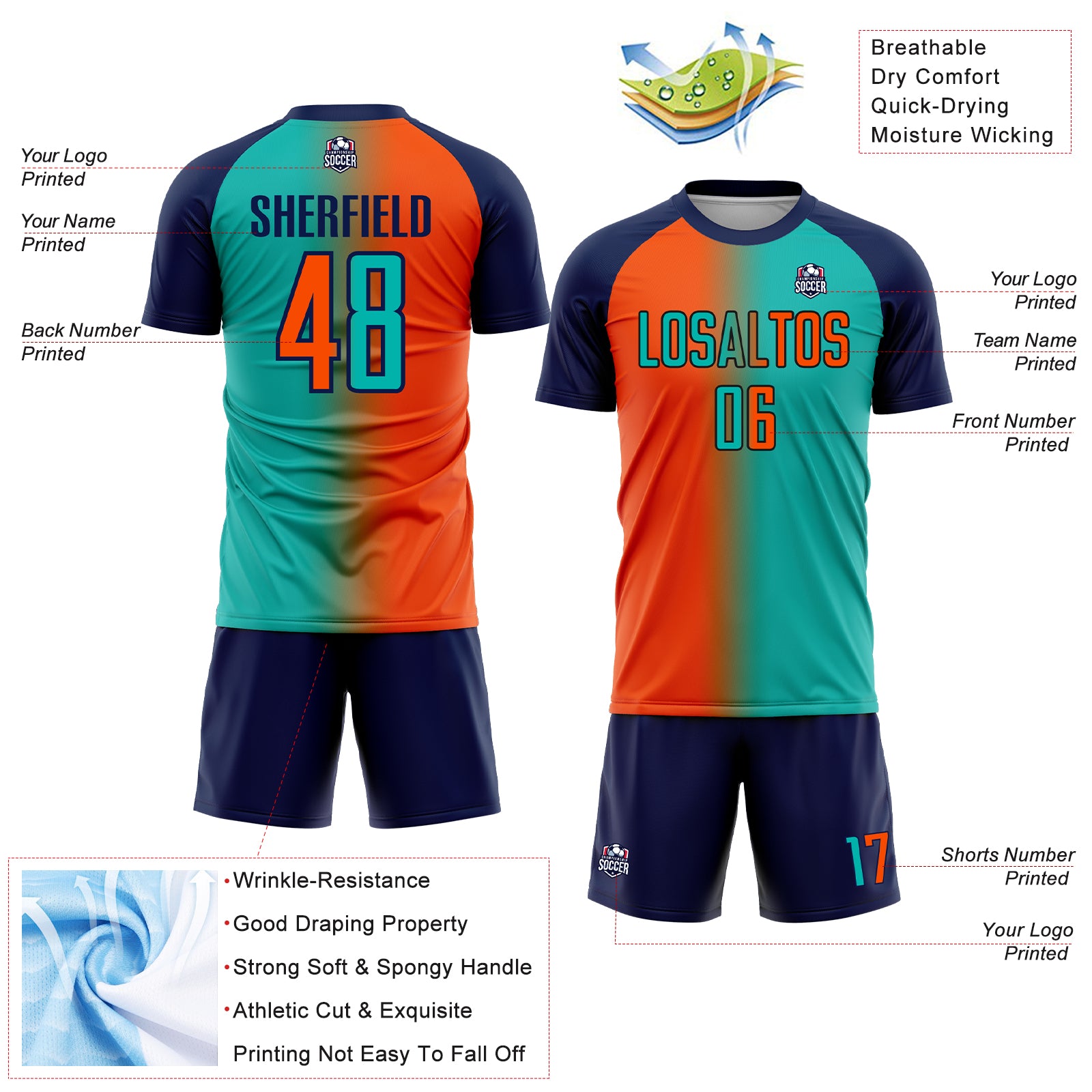 Custom Aqua Orange-Navy Sublimation Gradient Fashion Soccer Uniform Jersey