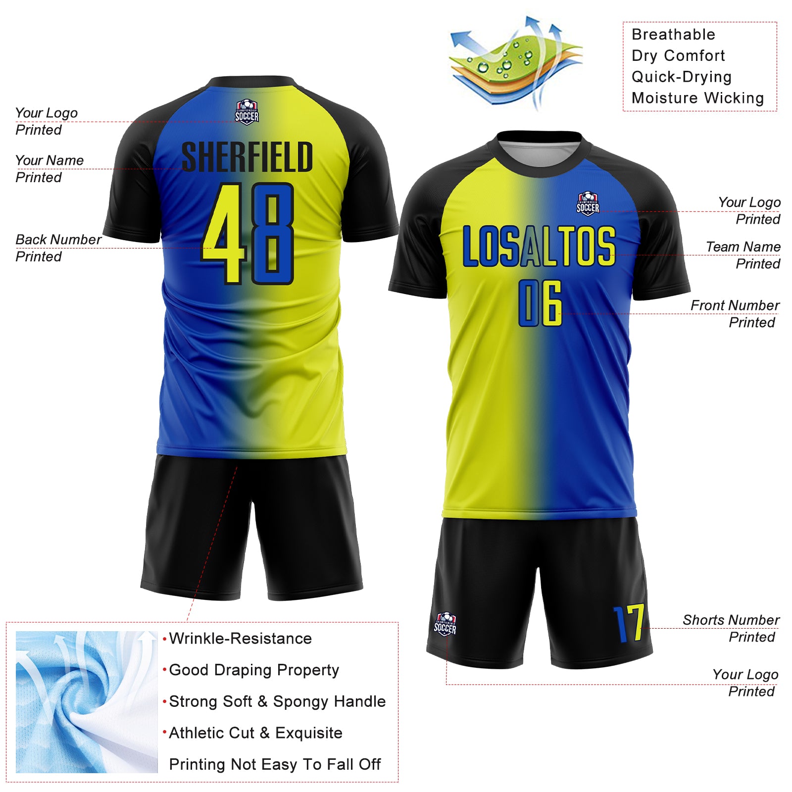 Custom Thunder Blue Neon Yellow-Black Sublimation Gradient Fashion Soccer Uniform Jersey